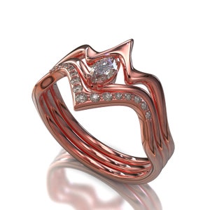 Unique Engagement Ring, Unique Art Deco Ring, Marquise Shaped Diamond Ring, Engagement Ring Set, Unique Diamond Ring, Chevron Engagement Set