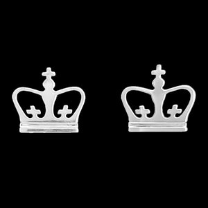 May include: A pair of silver crown-shaped earrings. The crowns have a simple design with a cross at the top and two smaller crosses on the sides.