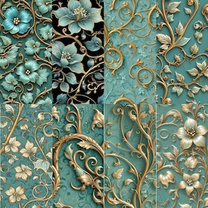 May include: A collage of floral and ornamental patterns. The designs feature teal and gold elements, including flowers, leaves, and swirling vines. Some patterns are set against a black background, while others are on a teal backdrop.