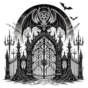 Puede incluir: Una ilustración en blanco y negro de una puerta gótica con una figura demoníaca encima. La puerta es de metal y tiene un arco apuntado. La figura demoníaca tiene cuernos, alas y un pentagrama en la frente. El fondo es un cielo oscuro con estrellas.