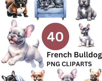 May include: A set of 40 digital clipart images featuring French Bulldogs in various poses and outfits. The images are in PNG format and are perfect for crafting projects, scrapbooking, and more.