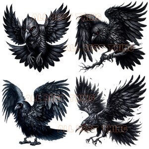 May include: Four black ravens with detailed feathers and red eyes. The ravens are depicted in different poses, with wings spread and claws extended.