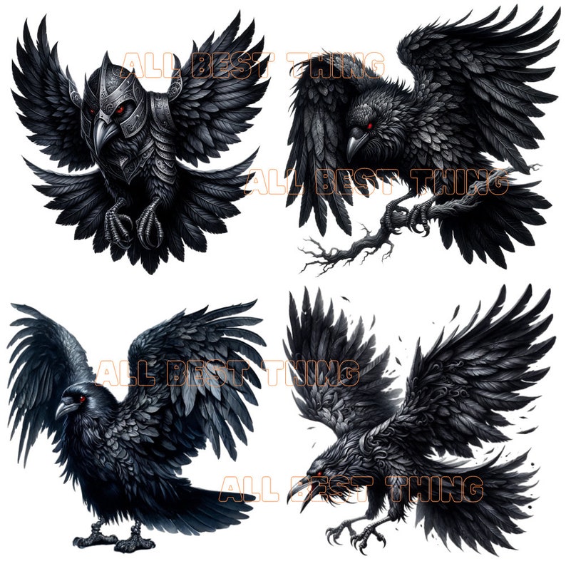 May include: Four black ravens with detailed feathers and red eyes. The ravens are depicted in different poses, with wings spread and claws extended.