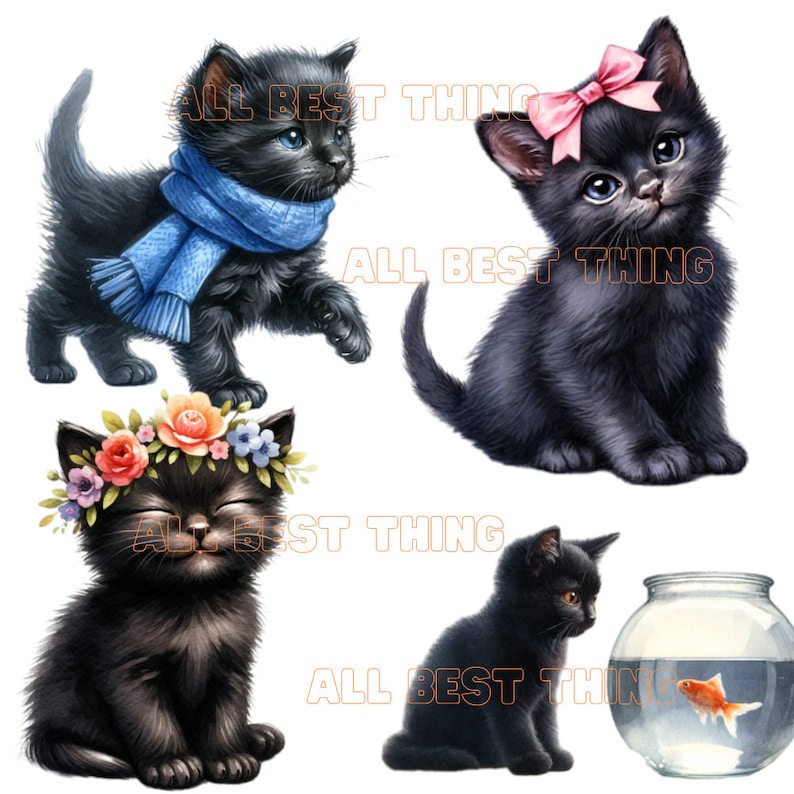24 Cute Black Kitten Watercolor PNG Clipart, Cat PNG, Black Cat Clipart ...