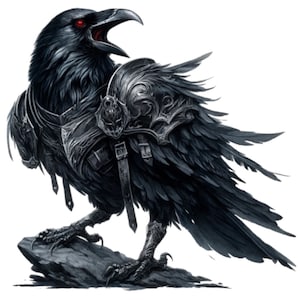 May include: A black raven with red eyes is wearing silver armor and standing on a rock. The raven has its wings spread out and is looking to the right.