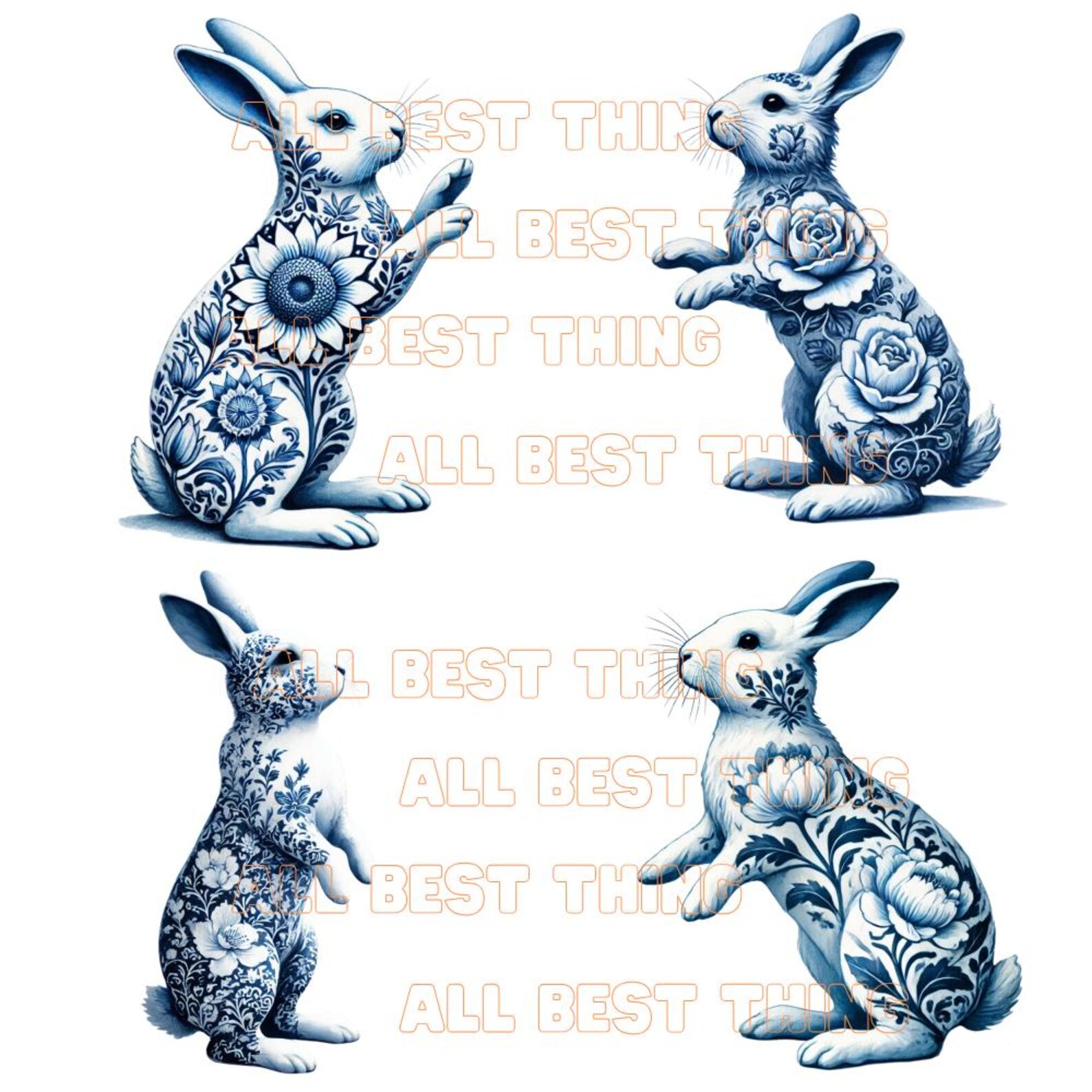 Delf Blue Rabbit 28 Delft Blue Rabbit Clipart, Watercolor Bunny PNG Set, Floral Rabbit ...