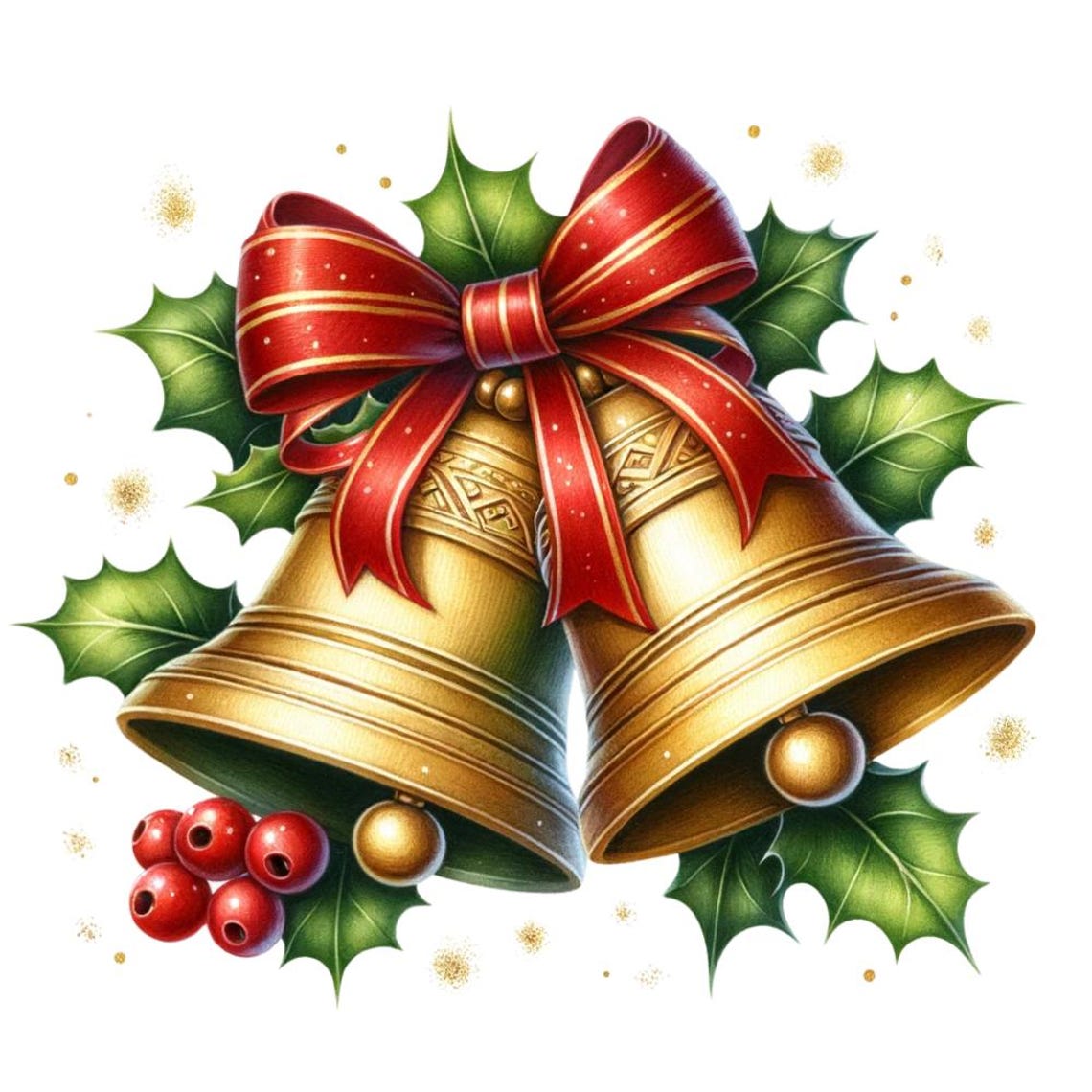 May include: Two gold Christmas bells tied together with a red bow and holly leaves.