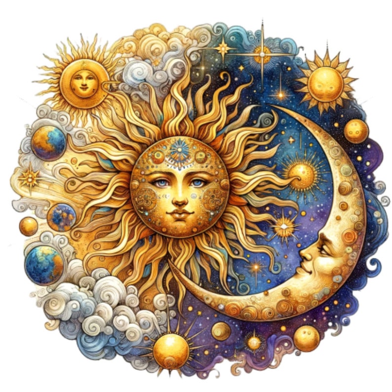 May include: A celestial illustration featuring a radiant sun with a human face, surrounded by swirling clouds, planets, and stars. A crescent moon with a face is positioned opposite the sun. The artwork uses warm gold, yellow, and blue tones.