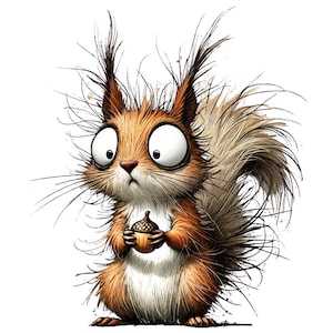 May include: A cartoon illustration of a squirrel with large, wide eyes and a worried expression. The squirrel has brown and orange fur, a fluffy tail, and is holding a small acorn. The background is white.