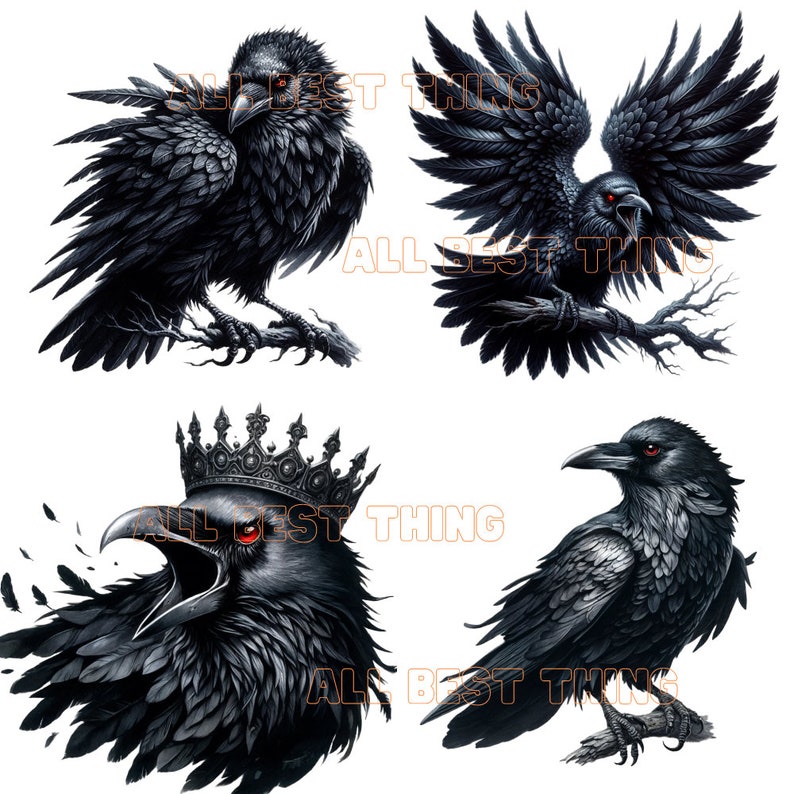 May include: Four black raven illustrations with detailed feathers and red eyes. The ravens are in different poses, including perched, flying, and with a crown.
