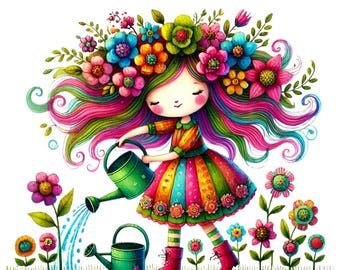 Whimsical Gardening Girl Clipart: Watercolor PNG Set (Digital Download)