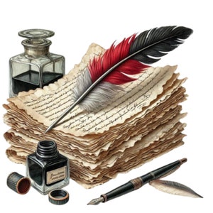 28 Clipart di carta antica PNG, set di penne vintage, PNG di alta qualità, clipart di acquerelli stampabili, download digitale, artigianato di carta, diari spazzatura