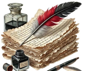 28 imágenes prediseñadas de papel antiguo PNG, juego de bolígrafos antiguos, PNG de alta calidad, imágenes prediseñadas de acuarela imprimibles, descarga digital, manualidades de papel, revistas basura