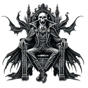 Könnte beinhalten: Eine Schwarzweißillustration eines skelettartigen Vampirs, der einen Umhang trägt und auf einem Thron mit Fledermausflügeln sitzt.