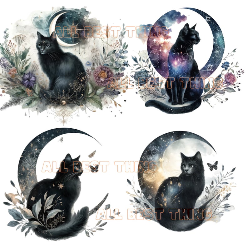 Puede incluir: Cuatro ilustraciones de acuarela de gatos negros sentados en lunas crecientes con un fondo de galaxia. Cada luna est&aacute; rodeada de elementos florales y estrellas.