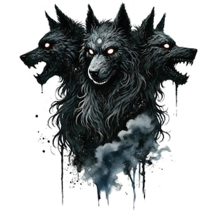 May include: A black three-headed wolf with glowing red eyes, rendered in a watercolor style with black and gray splatters.