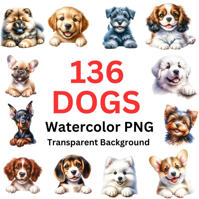 136 Dog Puppy Clipart PNG Bundle, Pet, Peeking Puppy Dogs Watercolor ...