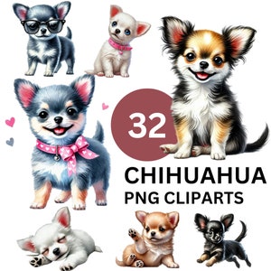 32 Watercolor Chihuahua Clipart, Back to School, Kids Illustration, Nursery Decor, Clipart Bundle, Magical Digital Graphics, Commercial Use