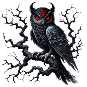 May include: A digital illustration of a black owl with glowing red eyes perched on a dark, gnarled tree branch. The owl has detailed feather textures and a symbol on its forehead. The artwork has a gothic or fantasy theme.