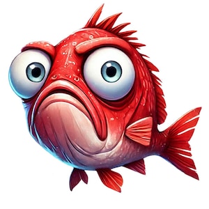 Könnte beinhalten: Cartoon-Illustration eines roten Fisches mit großen, ausdrucksstarken Augen und einem mürrischen Gesichtsausdruck. Der Fisch hat ein detailliertes, strukturiertes Aussehen mit Flossen und einem Schwanz. Der Hintergrund ist schlicht weiß und betont die leuchtende Farbe und die Merkmale des Fisches.