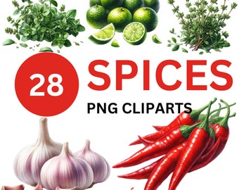 Peut inclure: Un ensemble de 28 images PNG clipart d'épices, comprenant des piments rouges, de l'ail, des citrons verts et du thym. Le texte "SPICES PNG CLIPARTS" est affiché en lettres rouges.