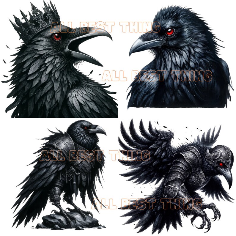 May include: Four digital illustrations of black ravens. The first raven is wearing a crown and has red eyes. The second raven is looking to the right and has red eyes. The third raven is wearing armor and has red eyes. The fourth raven is flying with its wings spread and has red eyes.