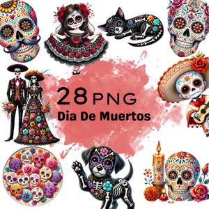 28 Dia De Muertos PNG, Watercolor Day of the Dead Clipart, Sugar Skull, Mexican Ghost PNG, Catrina Doll, Fiesta, Skeleton Shirt, Cute Ghost