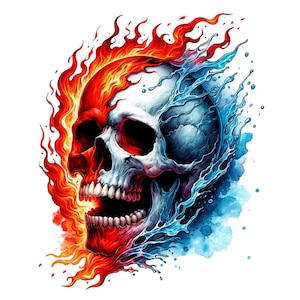 Könnte beinhalten: Ein Schädel mit Flammen auf der einen Seite und Wasser auf der anderen. Der Schädel ist weiß mit roten und blauen Akzenten. Die Flammen sind orange und rot. Das Wasser ist blau und weiß.