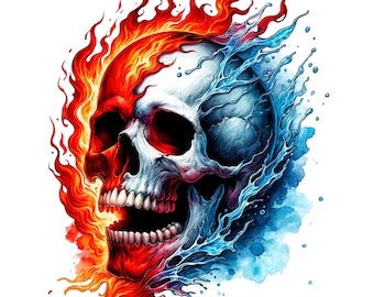 May include: A skull with flames on one side and water on the other. The skull is white with red and blue accents. The flames are orange and red. The water is blue and white.