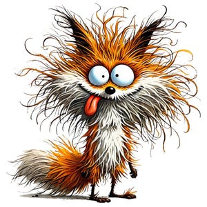 Puede incluir: Ilustración de dibujos animados de un zorro con pelaje naranja, blanco y negro. El zorro tiene grandes ojos azules, una lengua roja que sobresale y una amplia sonrisa. El pelaje del zorro es desordenado y descuidado, lo que le da una apariencia cómica.