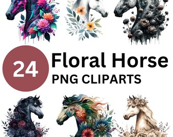 24 Watercolor Floral Horse PNG Clipart, Horse with Flowers PNG Bundle, Horse Sublimation Designs, horse illustration, Fantasy Horse Clip Art
