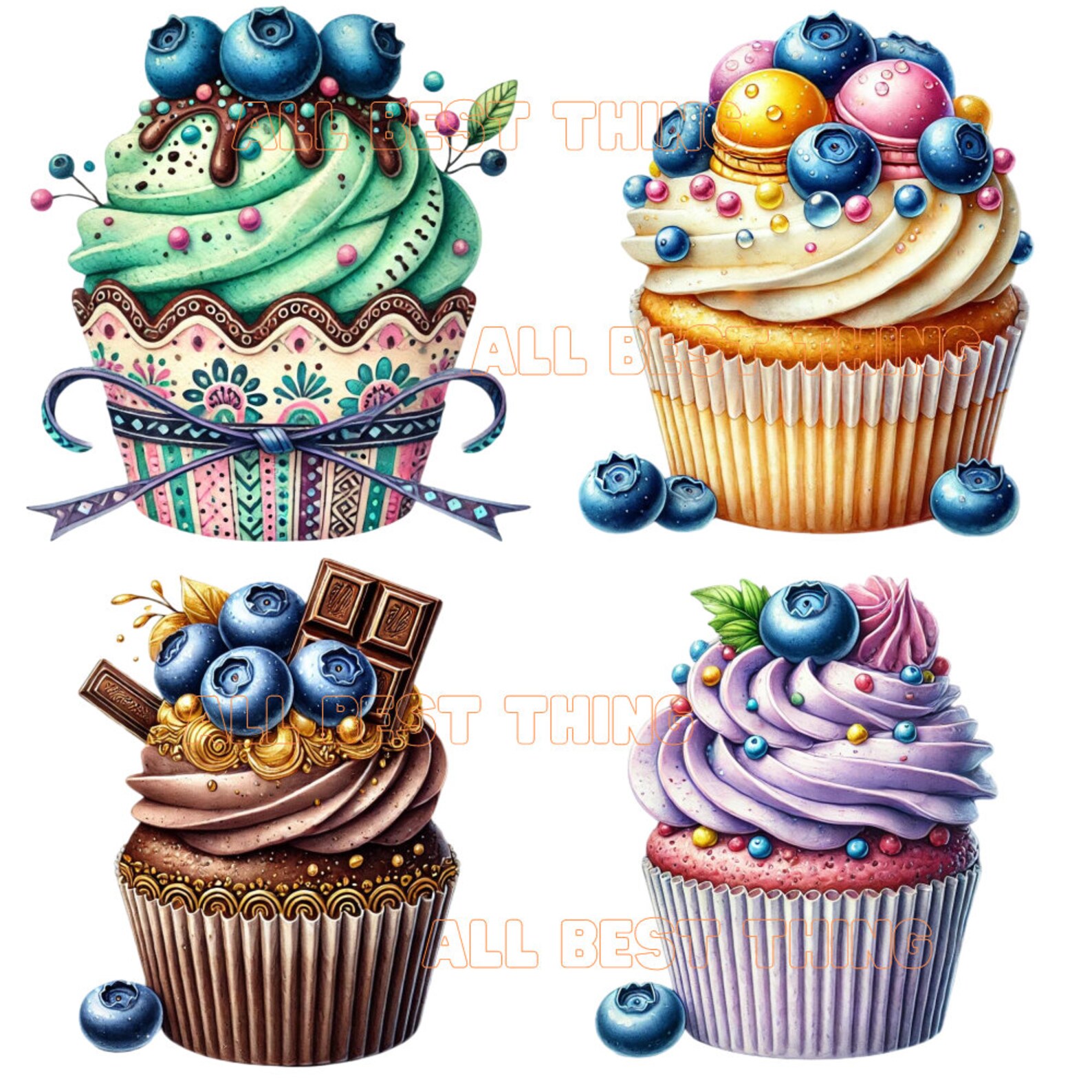 24 Watercolor Berry Cupcakes PNG Clipart, Cupcake Clip Art, Watercolor ...