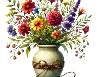 28 Flowers in Rustic Vase Clipart PNG, Daisies, Printable Watercolor clipart, High Quality PNG, Digital download, Paper craft, junk journals