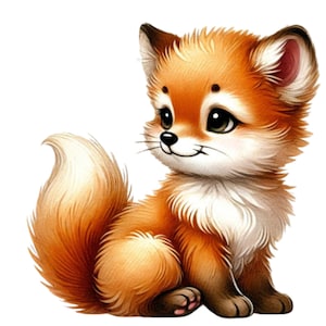 May include: A cute cartoon fox with orange fur, a white chest, and a bushy tail. The fox is sitting on a white background.