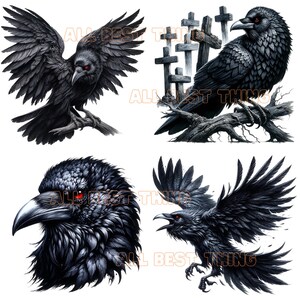 May include: Four digital illustrations of black ravens with red eyes. One raven is perched on a branch with three wooden crosses behind it. Another raven is flying with its wings spread. The third raven is perched on a branch with its wings folded. The fourth raven is a close-up of its head and neck.