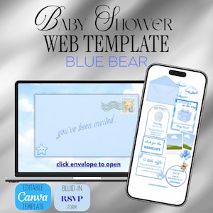 May include: A baby shower web template with a blue bear theme. The design includes a laptop and a smartphone displaying invitation elements. The laptop shows an envelope with the text "you've been invited." The smartphone displays RSVP details and registry information.