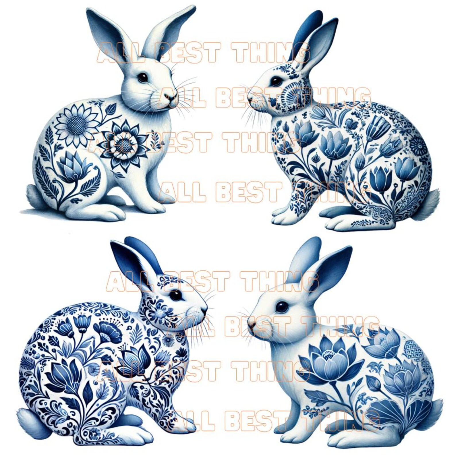 Delf Blue Rabbit 28 Delft Blue Rabbit Clipart, Watercolor Bunny PNG Set, Floral Rabbit ...