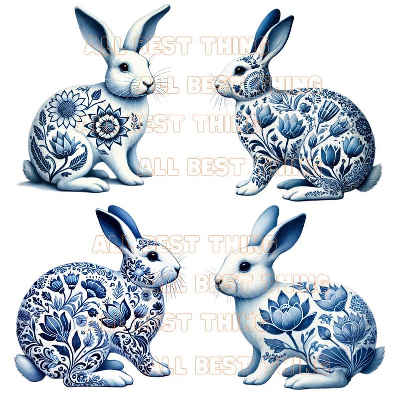 28 Delft Blue Rabbit Clipart, Watercolor Bunny PNG Set, Floral Rabbit ...