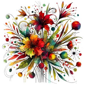 32 Abstract Colorful Flowers Clipart PNG, Folk Art Flowers, High Quality PNGs, Watercolor Art, Digital Download, Paper Craft, Junk Journal