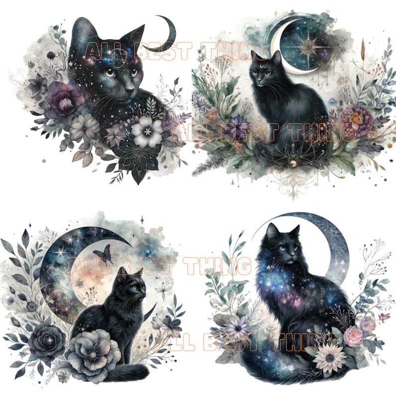 Puede incluir: Cuatro ilustraciones digitales de gatos negros con una luna creciente y estrellas en el fondo. Los gatos est&aacute;n rodeados de flores y follaje. Los gatos est&aacute;n todos en diferentes poses y tienen un patr&oacute;n de galaxia en su pelaje.