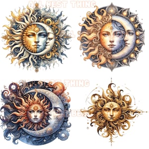 May include: Four celestial illustrations featuring the sun and moon with human faces. The designs showcase intricate details in gold, blue, and yellow hues, with the text "ALL BEST THING" in orange. The artwork evokes a mystical and celestial theme.