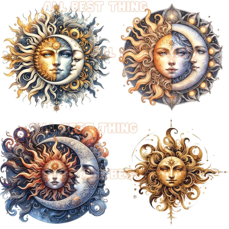 May include: Four celestial illustrations featuring the sun and moon with human faces. The designs showcase intricate details in gold, blue, and yellow hues, with the text "ALL BEST THING" in orange. The artwork evokes a mystical and celestial theme.