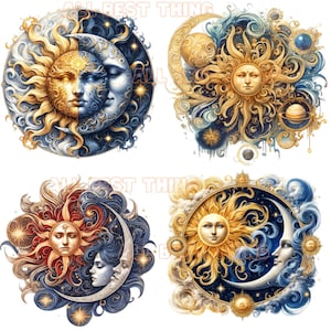 May include: Four celestial illustrations featuring the sun and moon. Each design showcases a sun face paired with a moon face, set against a backdrop of stars and swirling clouds. The color palette includes gold, blue, and red tones.