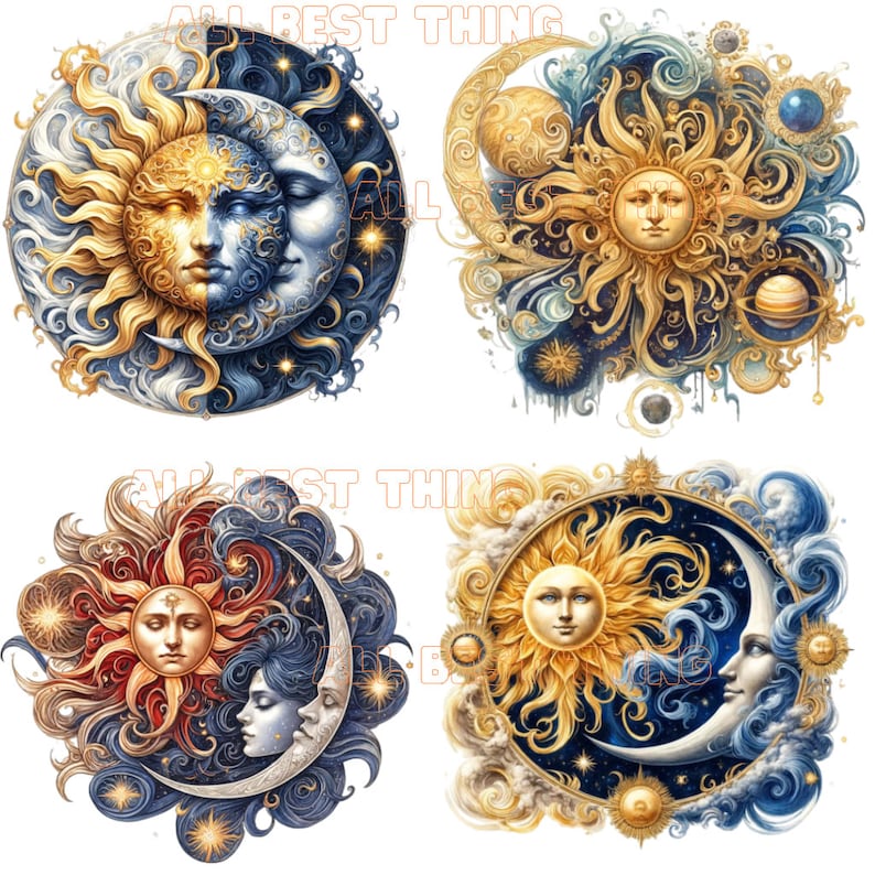 May include: Four celestial illustrations featuring the sun and moon. Each design showcases a sun face paired with a moon face, set against a backdrop of stars and swirling clouds. The color palette includes gold, blue, and red tones.