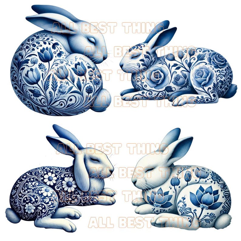 28 Delft Blue Rabbit Clipart, Watercolor Bunny PNG Set, Floral Rabbit ...