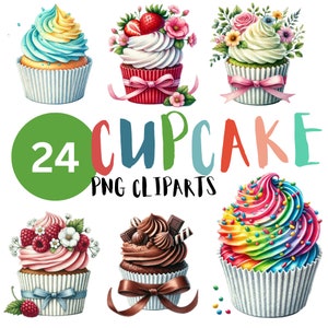 24 Watercolor Cupcakes PNG Clipart, Cupcake Clip Art, Watercolor Cupcakes Bundle, Dessert Clipart Png, Cupcake Clipart, Commercial Use