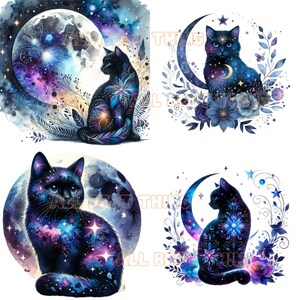 Puede incluir: Cuatro ilustraciones digitales de gatos negros con patrones de galaxia. Cada gato est&aacute; rodeado de una luna creciente y flores. Los gatos est&aacute;n en diferentes poses, algunos est&aacute;n sentados, algunos est&aacute;n de pie y algunos est&aacute;n mirando al espectador.