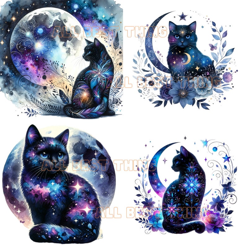 Puede incluir: Cuatro ilustraciones digitales de gatos negros con patrones de galaxia. Cada gato est&aacute; rodeado de una luna creciente y flores. Los gatos est&aacute;n en diferentes poses, algunos est&aacute;n sentados, algunos est&aacute;n de pie y algunos est&aacute;n mirando al espectador.