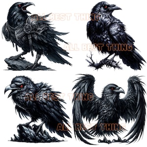 May include: Four black ravens with red eyes. The ravens are depicted in different poses, including standing, perched, and with wings spread. The ravens are set against a white background.