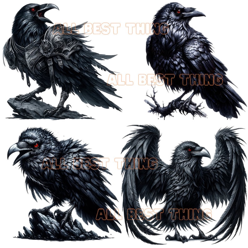 May include: Four black ravens with red eyes. The ravens are depicted in different poses, including standing, perched, and with wings spread. The ravens are set against a white background.